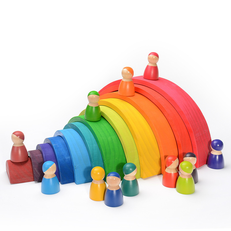 Woodworking Kids Toys - Wooden Rainbow Block Colorful Stacking Building